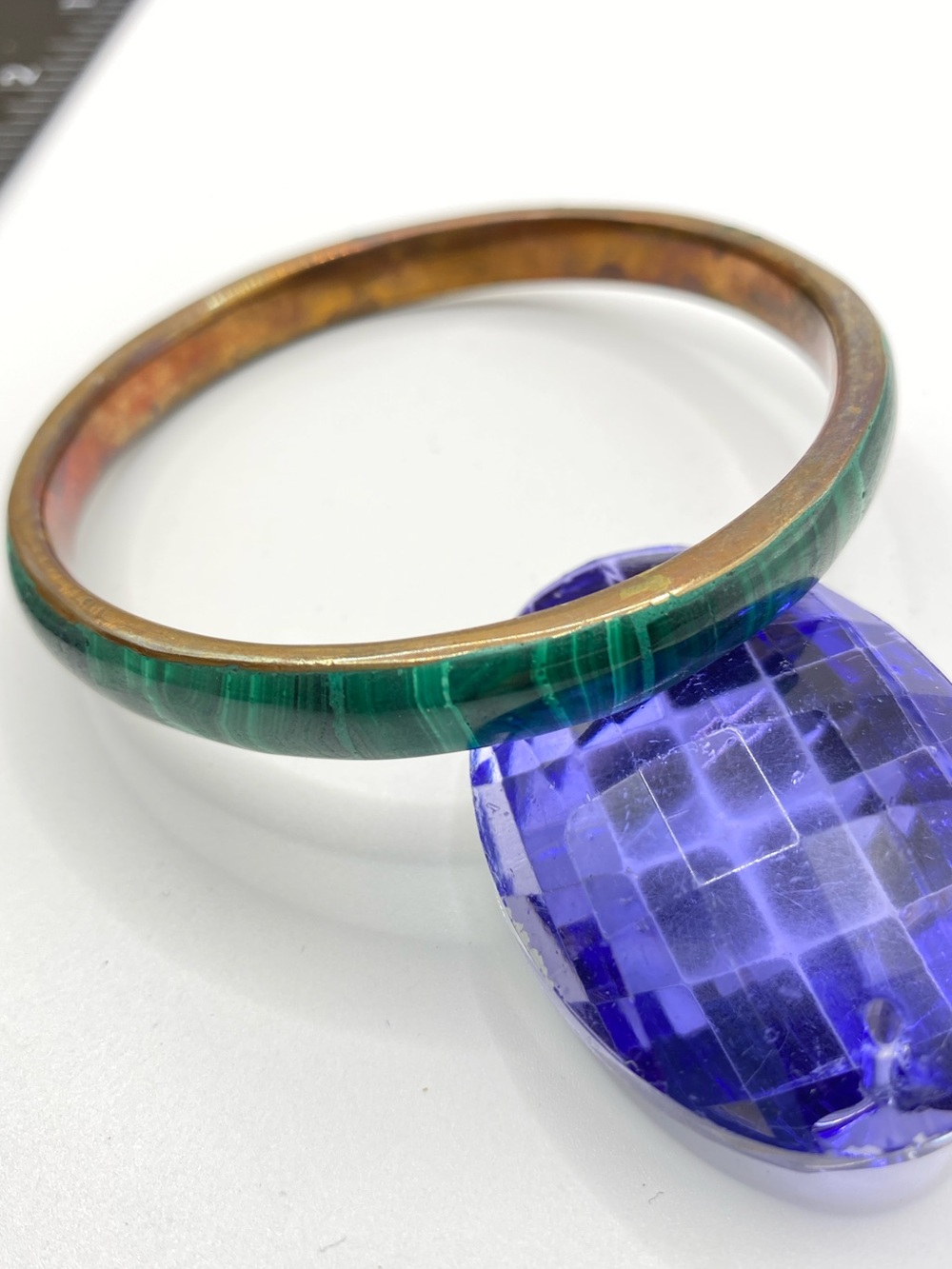 Vintage Malachite Brass Bangle Bracelet 8”